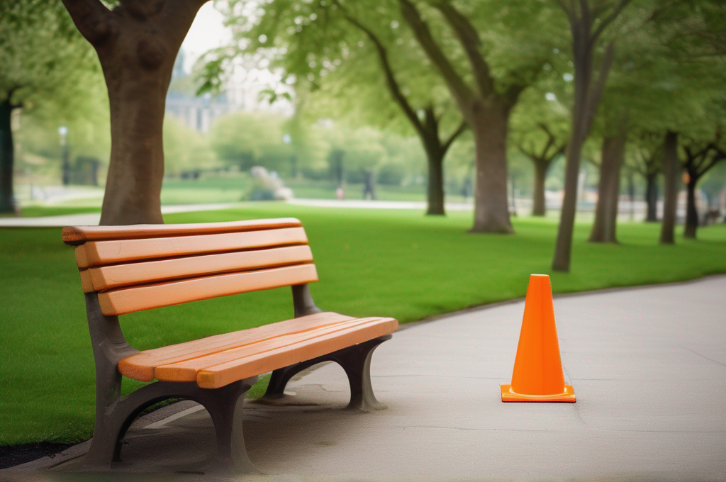 Before: a park path with a bright orange traffic cone on it.